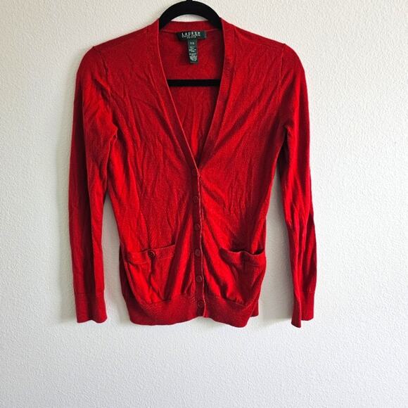 Lauren Ralph Lauren Petite Red Cardigan P/S – Classic Cotton Sweater - Picture 1 of 7